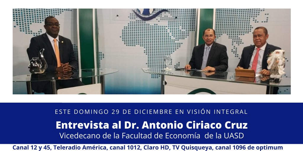 visioninttv's tweet photo. Esta noche hablamos sobre la economía nacional e internacional, con el economista y vicedecano de la Facultad de Economía de la @universidaduasd, Dr. @ciricruz1

#economíard🇩🇴 #visiónintegraltv  #noticias #televisiónrd #JuanJoséBáez #teleradioamérica #tvquisqueya https://t.co/6kmUuPSaeX