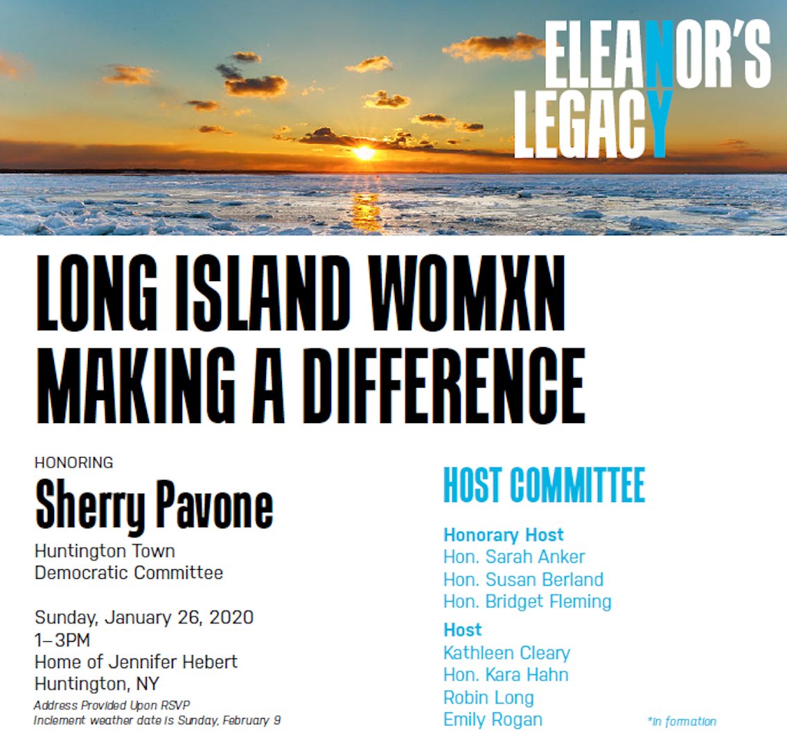 Democrats! Did you know that the HTDC's very own Sherry Pavone will be honored for her work with Eleanor's Legacy on January 26th? Read more, RSVP, and join us! 

eleanorslegacy.com/huntington20/