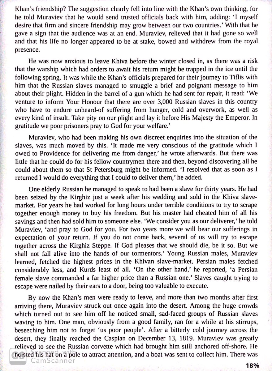 Russian explorer goes to Khan of Khiva in 1819 on behalf of the infamous General Yermolov. He finds an unstable state with many slaves (including many Russians), & advocated for an invasion to free slaves & open trade.