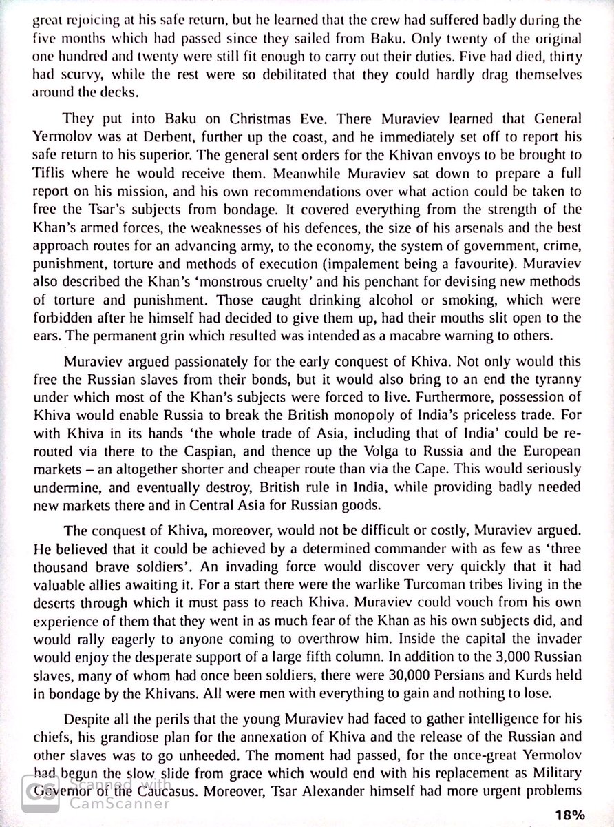 Russian explorer goes to Khan of Khiva in 1819 on behalf of the infamous General Yermolov. He finds an unstable state with many slaves (including many Russians), & advocated for an invasion to free slaves & open trade.