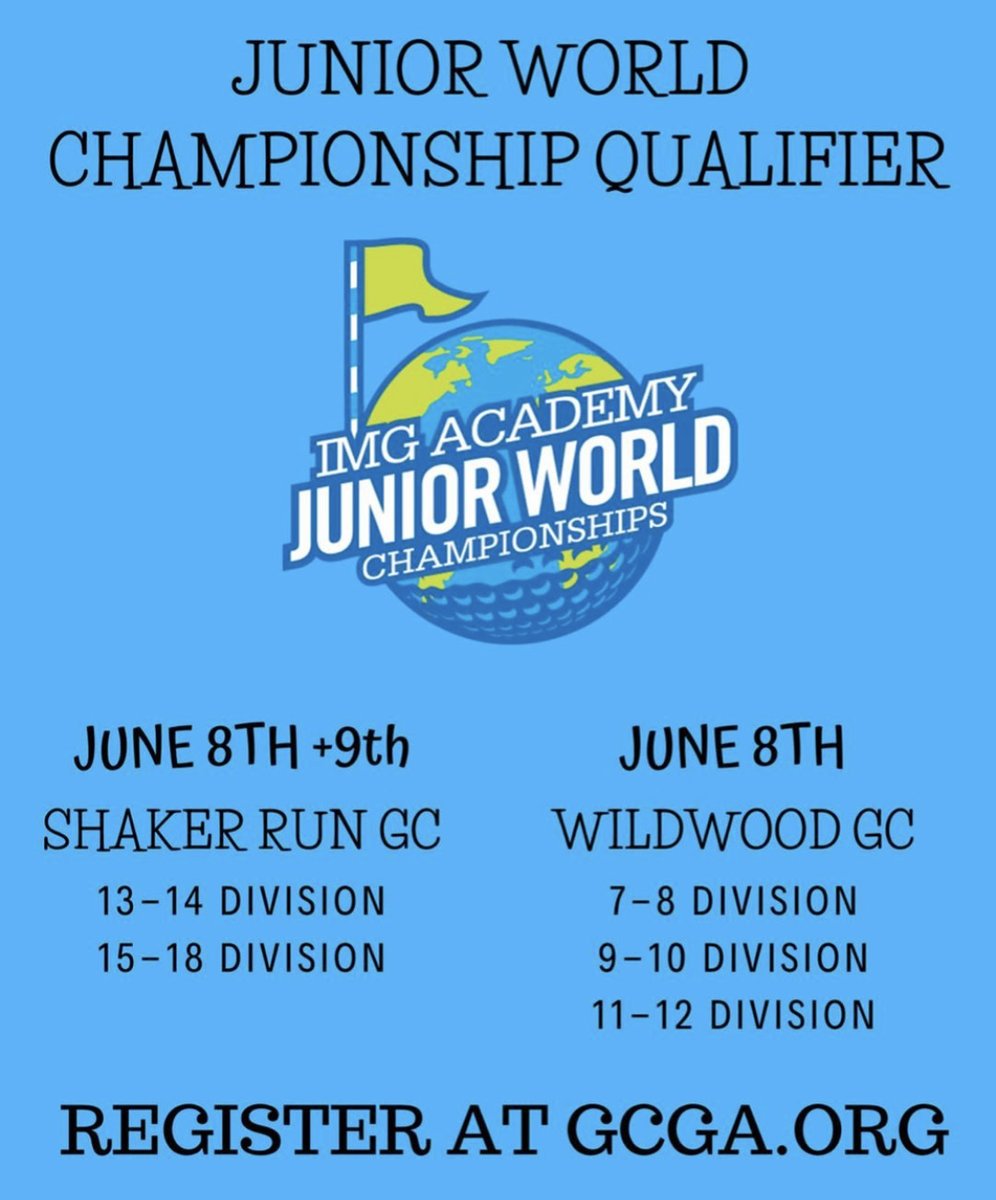 GCGA's tweet photo. We are expecting The Junior World Championship Qualifier to fill quickly! Mark your π calendar for January 1st to make sure to grab your spot!
.
.
.
#GCGA #1905JuniorTour #ShakerRunGC #juniorworldchampionship #registrationOPENS #golf2019 https://t.co/oWl4QXGNNp