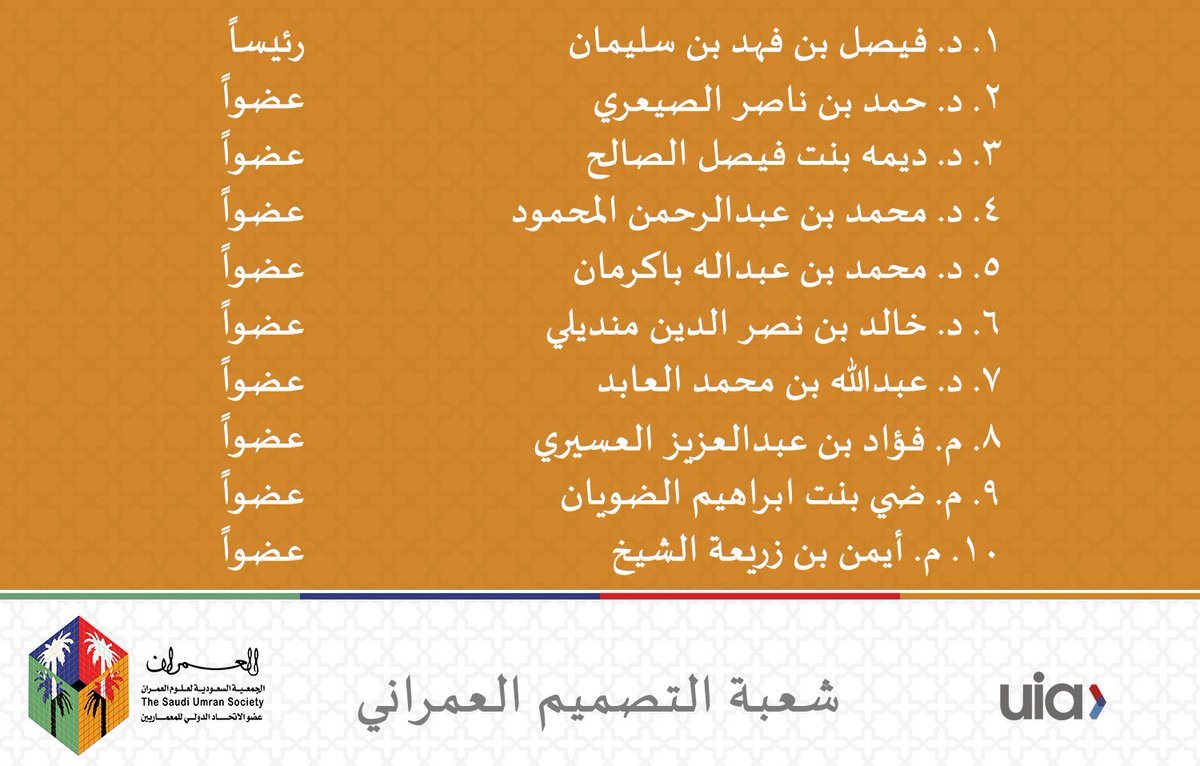 بناءاً على رغبة جمعية #العمران بتكوين قاعدة تنطلق منها بطرح اهتماماتها والقيام بدورها المجتمعي، تم اعتماد تشكيل:

مجلس شعبة التصميم العمراني

بعضوية نخبة من المهتمين والمُؤثرين في هذا المجال متمنين لجهودهم دوام التوفيق والسداد