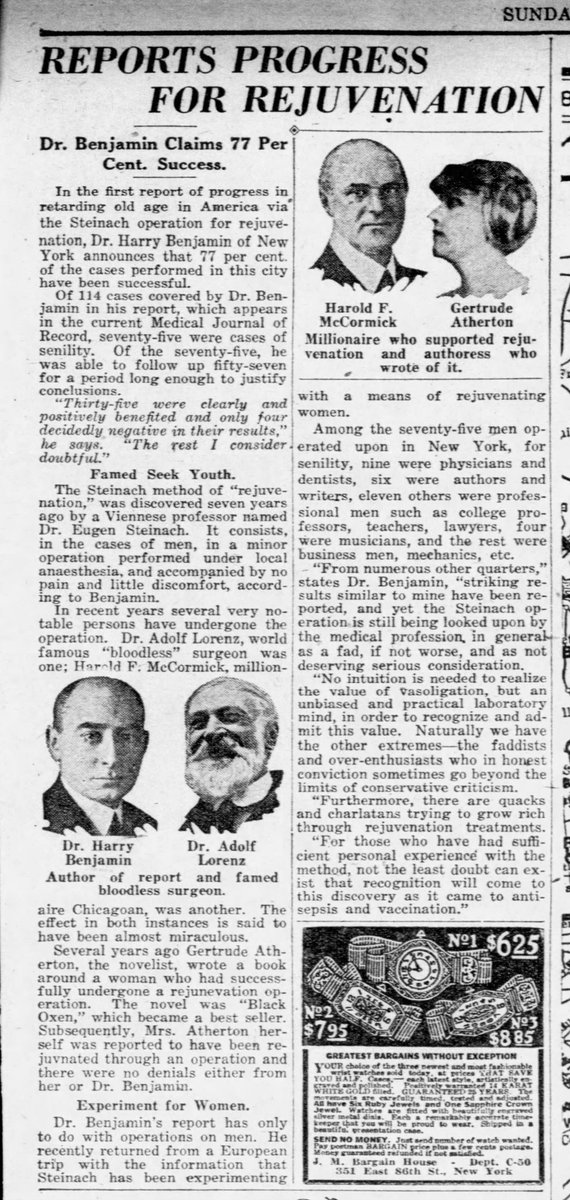 More Harry Benjamin fraudulent pseudo-science. Remember, all he is doing is vasectomies on these men. The article notes that Benjamin's mentor Steinach is now experimenting on women. Within the next year or so, Benjamin added X-Raying of women's ovaries to his quackery.