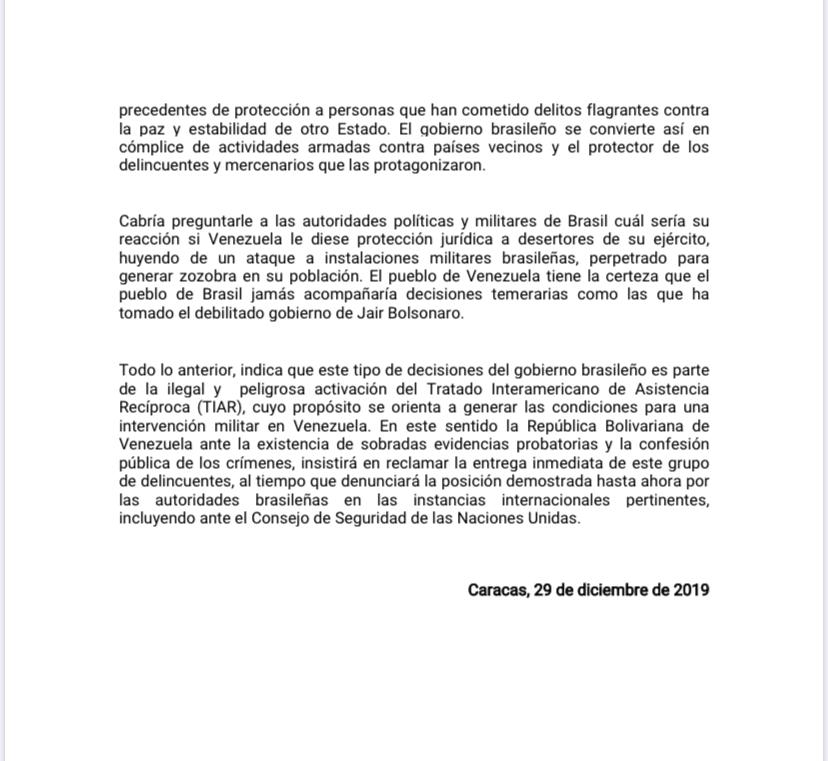 jaarreaza's tweet photo. #COMUNICADO| La República Bolivariana de Venezuela denuncia ante la comunidad internacional la insólita decisión del Gobierno de Brasil de dar condición de refugiados a los cinco terroristas confesos, responsables del asalto armado al 513 Batallón de Infantería de la Gran Sabana https://t.co/IfI2WuxvwH