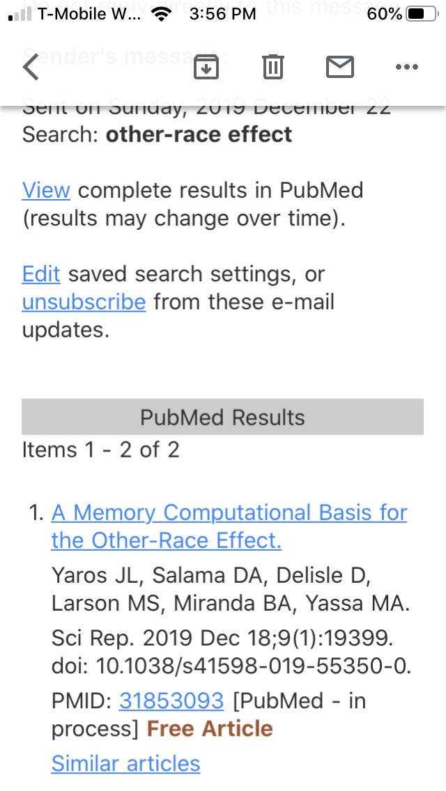 jlyaros's tweet photo. When your pubmed alert includes your own paper!!! Never seen my name in Yaros JL form before! #AcademicChatter #gradschool #otherRaceEffect #crossRaceEffect #socialNeuroscience #bias #outgroup https://t.co/Owtqe1kTV5