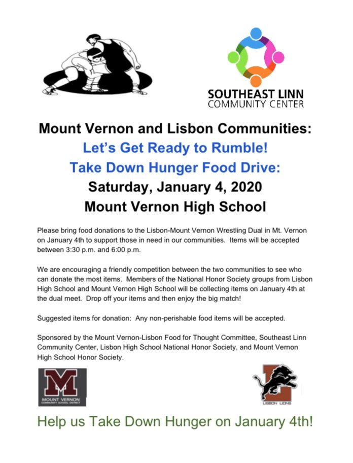 nhs_mv's tweet photo. Attention NHS members: 
The SELCC food drive is Saturday January 4th. Please arrive at the high school at 3:30 and bring at least 1 food item. We will also need students to help pack the food into trucks after the wrestling meet and unload the truck in Lisbon. https://t.co/MLLyM9Q00s