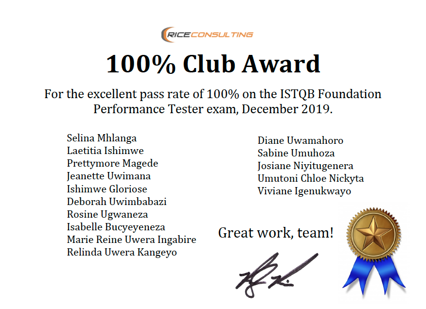 rricetester's tweet photo. I am blown away by the results from the Muraho team in Rwanda who recently took the ISTQB Foundation Performance Tester exam. 15 out of 15 passed! This is not an easy exam. They took my e-Learning course and I did some mentoring, but they deserve the kudos! Great job! https://t.co/ct58kzL4Eu