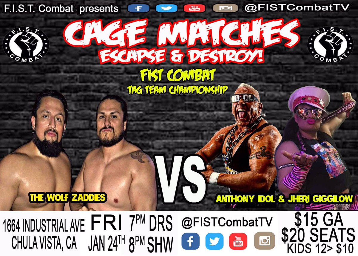 FISTCombatTV's tweet photo. MATCH ALERT! 1/24/20
•
•
#WolfZaddies .@baddudetito & .@checabrera return to .@fistcombattv To defend their tag team titles against current #FISTCombatChampion @anthonyidol & @jherigigolo4u at #CageMatches at The #FISTWarehouse in #ChulaVista 1664 Industrial Blvd #ChulaVista https://t.co/LpFZNwVULl