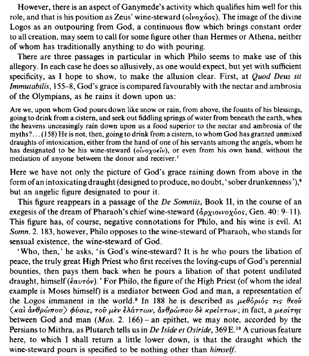 Those not averse to reading can check out this analysis by John Dillon, "Ganymede as the Logos: Traces of a Forgotten Allegorization in Philo?":