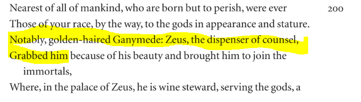The interpretation of Ganymede pouring the nectar of Zeus's wisdom/Logos is not far-fetched when one sees this verse of the Homeric Hymns: Original: "ἦ τοι μὲν ξανθὸν Γανυμήδεα μητιέτα Ζεὺς"The epithet, 'μητιέτα' for Zeus in the original means a "giver of good counsel"