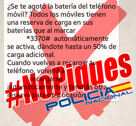 policia's tweet photo. Claro, claro. Por arte de magia vas a tener un 50% más de 🔋 en tu 📱si marcas esto en tu móvil... ¡BULAZO!

Cuenta la historia 📖 que hace muchos, muchos años, podías alargar la batería de tu teléfono con ello. Pero NO, hoy no te va a funcionar.
#NoPiques https://t.co/eriGTAn54P