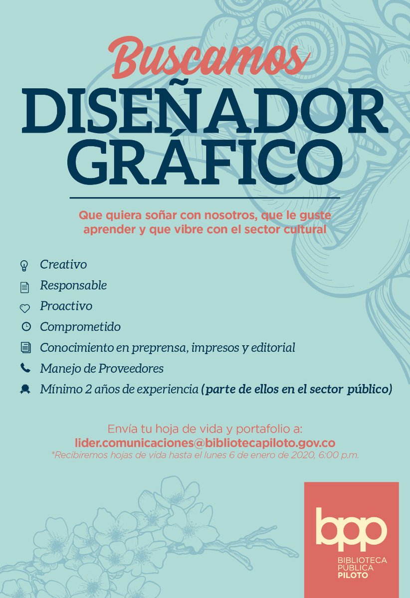 Se parte de nuestro equipo #ConvocatoriaLaboral #BPPiloto

¡Anímate a soñar con nosotros y a seguir fomentando el amor por la lectura, los libros y las bibliotecas!  📖🙌❣️