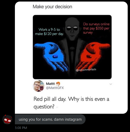 Mat So Uhhh Apparently Some Instagram Page Is Using Me To Promote Their Shitty Survey Scam Just Because Of The Blue Pill Red Pill Tweet I Made That Blew Up