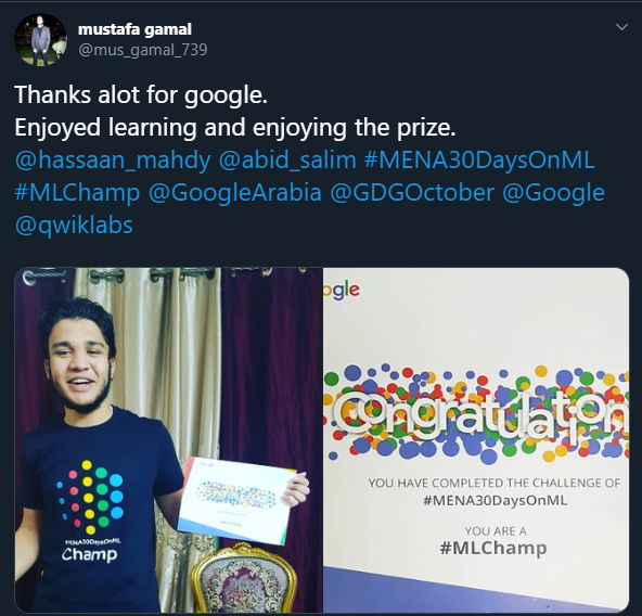 GCDCEgypt's tweet photo. Congratulations to #MENA30DaysOnML winners from #Egypt. Enjoy your cool gift 👏

We still have more 4 days, join the winners and register: https://t.co/s5YlXusBWJ 

@tarekely @mus_gamal_739 @NaderIsmaiel @_HassanMostafa https://t.co/uVUrltUDRP