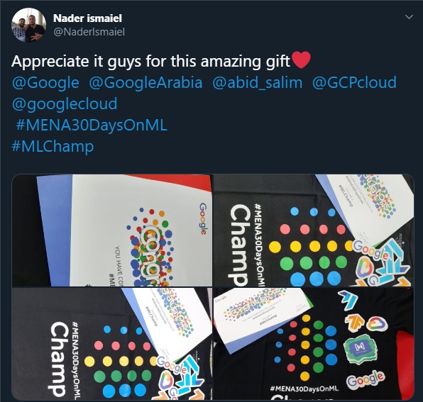 GCDCEgypt's tweet photo. Congratulations to #MENA30DaysOnML winners from #Egypt. Enjoy your cool gift 👏

We still have more 4 days, join the winners and register: https://t.co/s5YlXusBWJ 

@tarekely @mus_gamal_739 @NaderIsmaiel @_HassanMostafa https://t.co/uVUrltUDRP