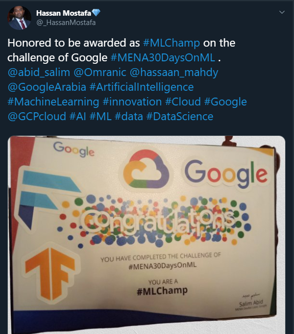 GCDCEgypt's tweet photo. Congratulations to #MENA30DaysOnML winners from #Egypt. Enjoy your cool gift 👏

We still have more 4 days, join the winners and register: https://t.co/s5YlXusBWJ 

@tarekely @mus_gamal_739 @NaderIsmaiel @_HassanMostafa https://t.co/uVUrltUDRP