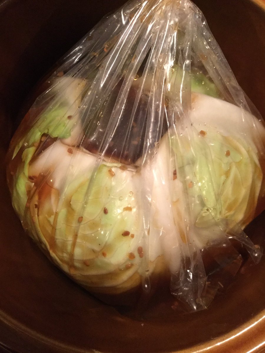 MaryMacMixes's tweet photo. I’m brining a cabbage to smoke tomorrow for MacChristmas. Don’t worry, I also have a pork loin, a ham, and 16 chicken legs in their own individual brine, with liberty and justice for all. #MaryMacSays #Smokin #BBQExperiment  @Masterbuilt https://t.co/9SaPioOuVE