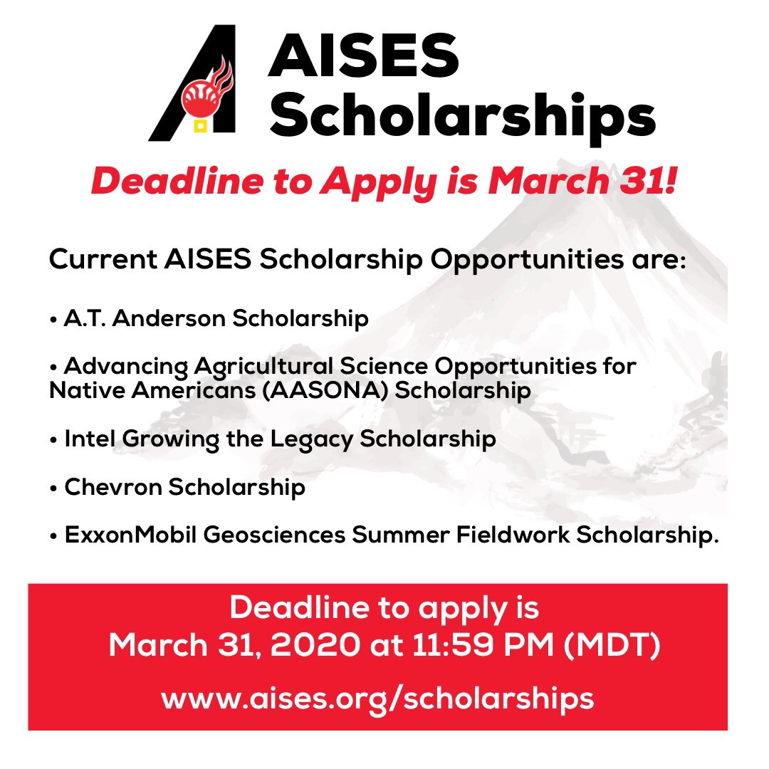 Excellent AISES Scholarship Opportunities! 
Scholarship amounts range from $1,000 to $10,000! Apply today! aises.org/scholarships #NativeTwitter #STEM #Scholarships #AISES #NativeAmerican