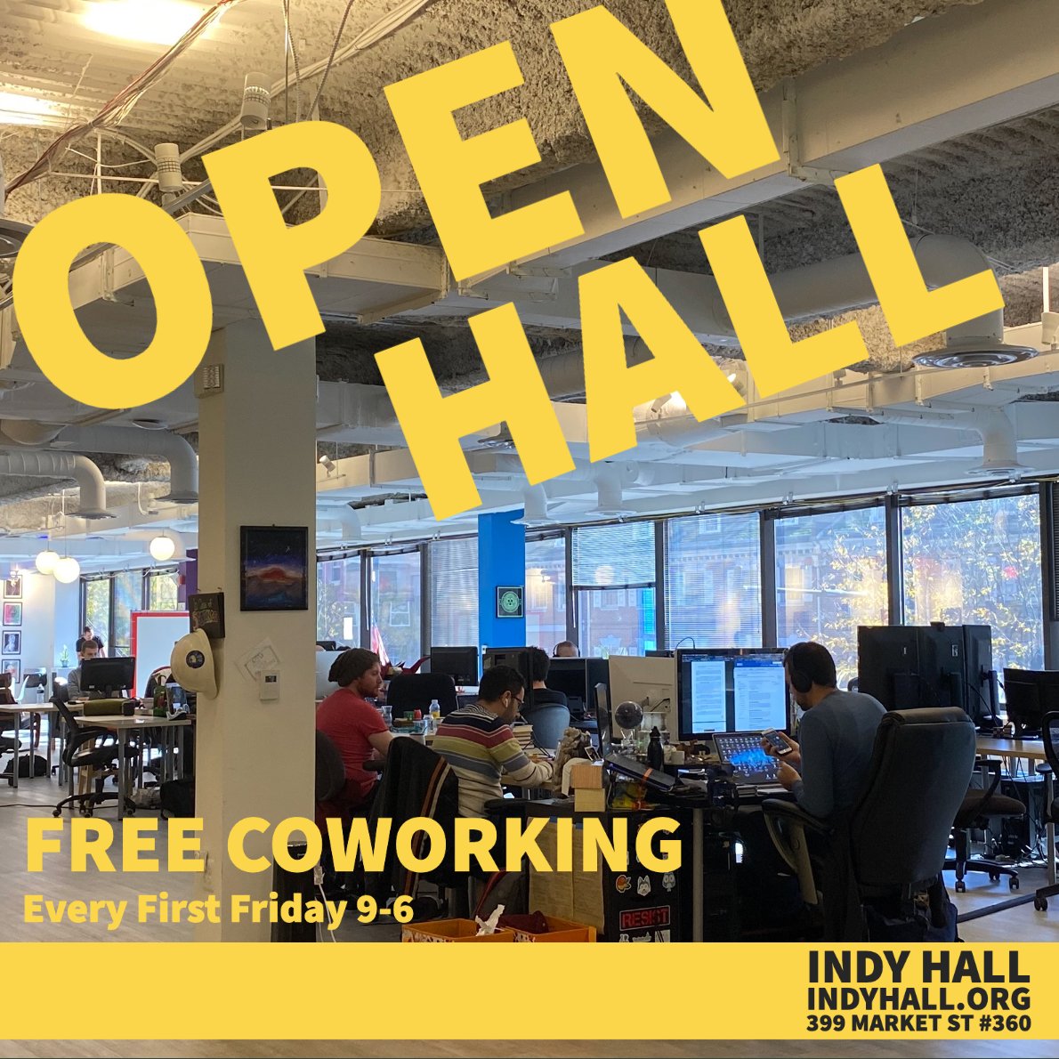 indyhall's tweet photo. Next Friday is our first #OpenHall of 2020! Itโs FREE #coworking all day, so tag a friend you think should stop in & see what #IndyHall is all about! https://t.co/LaVx1oHKYS