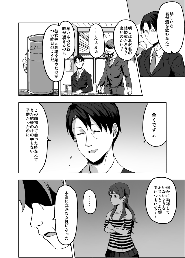 [C97新刊先行全文公開]
北沢志保結婚前夜、彼女を娘のように可愛がっていたプロデューサーは何とも言えない気持ちでいた。しかしそんな彼はひょんな事から志保から告白された過去の日にタイムスリップして……。 1/8 