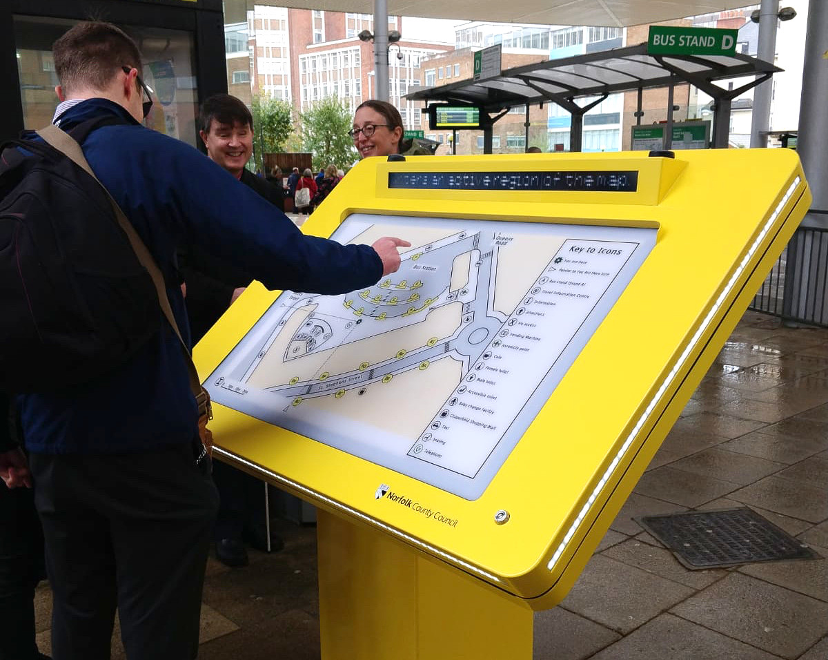 VisionNorfolk's tweet photo. Heading into Norwich this weekend? Check out the @NorfolkCC #TactileMap at #Norwich Bus Station for audible travel information. Fitted with @RNIB React software, so when you press a button on your React key fob, the map will announce any message that is being displayed #SightLoss https://t.co/ew3PQYzKrr
