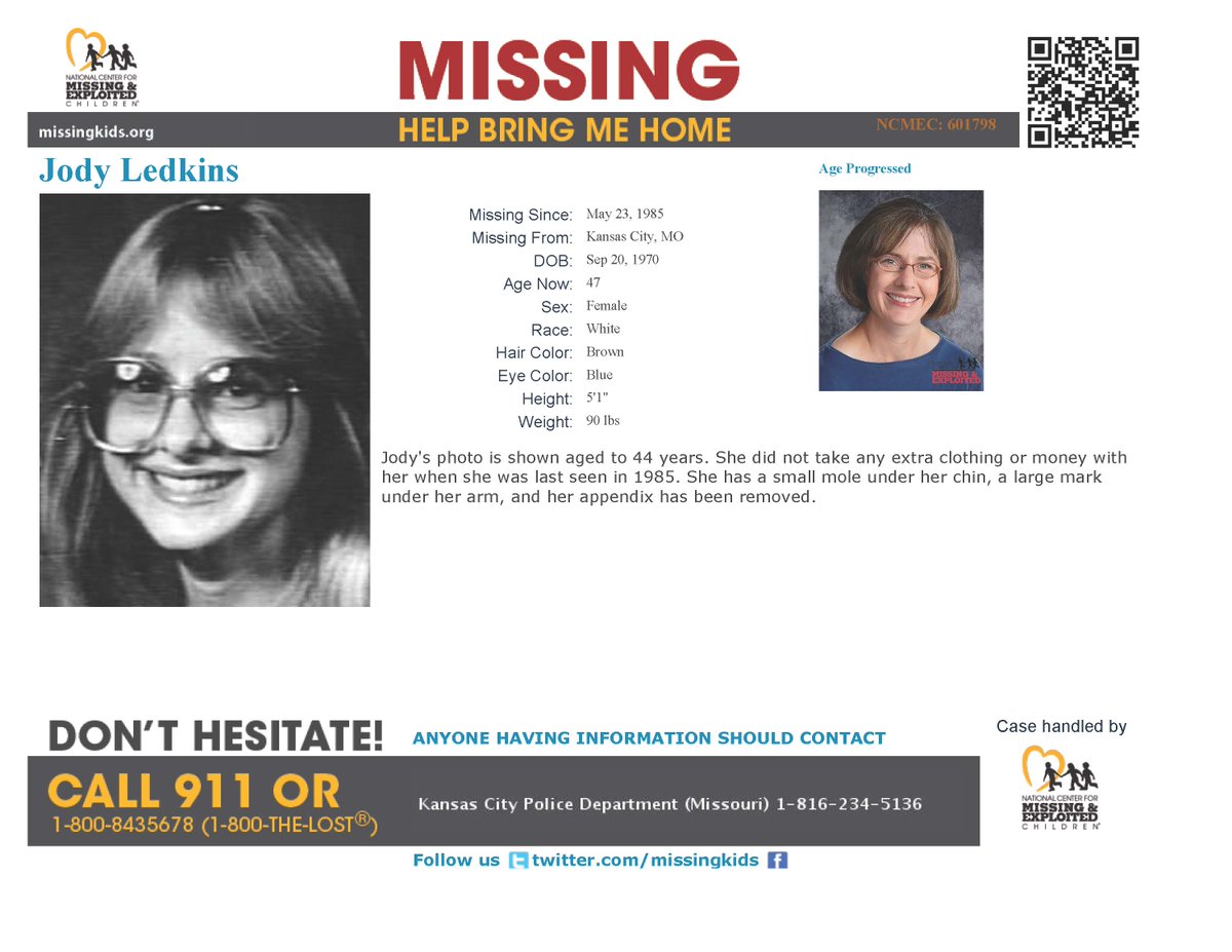 missinginmo's tweet photo. Jody Ledkins disappeared from Kansas City in May 1985. She was 14 at the time of her disappearance and did not have spare clothing or money with her when she disappeared. https://t.co/g01EtJ6dHw