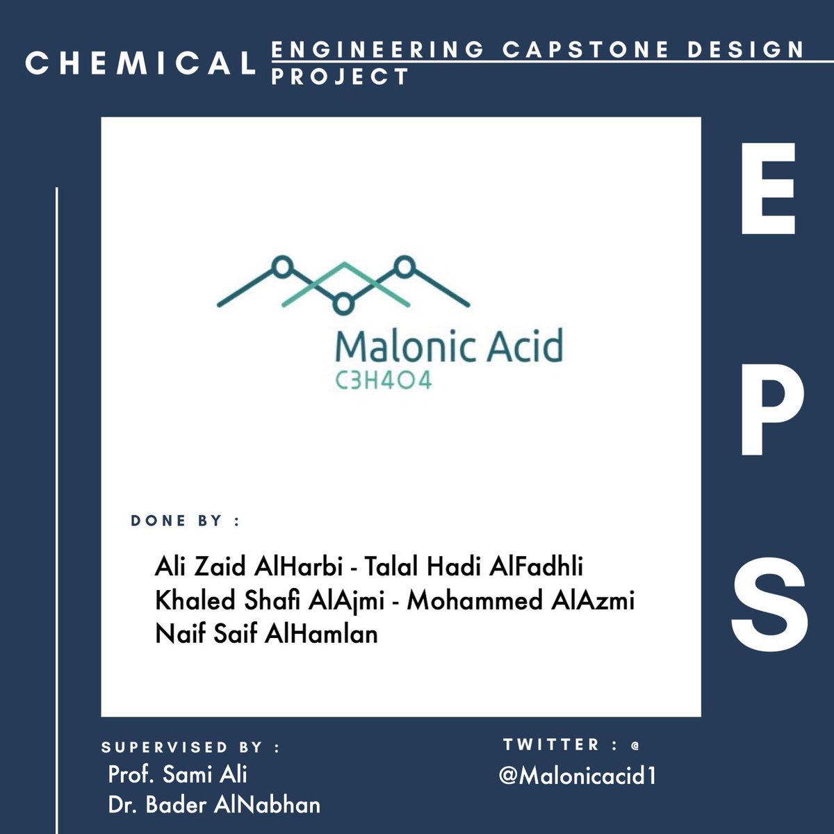 EPS_KU's tweet photo. Follow &amp; Support Chemical Engineering Senior Project:

@Malonicacid1 

 #EPS_KU https://t.co/Tf00ozOg15