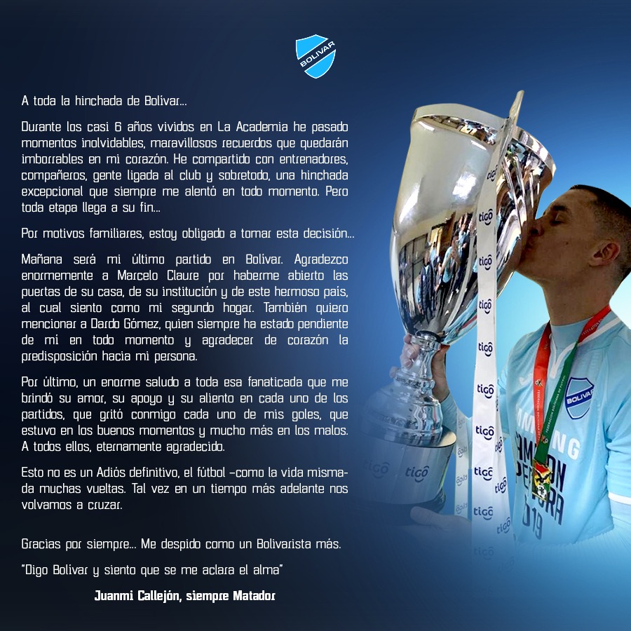 ErwinQuispePerk's tweet photo. #deÚltimo #DeportesBo
Juan Miguel Callejón anuncia su retiro de @Bolivar_Oficial. Este sábado será su último partido con la Academia. https://t.co/dQ1gXljJpE