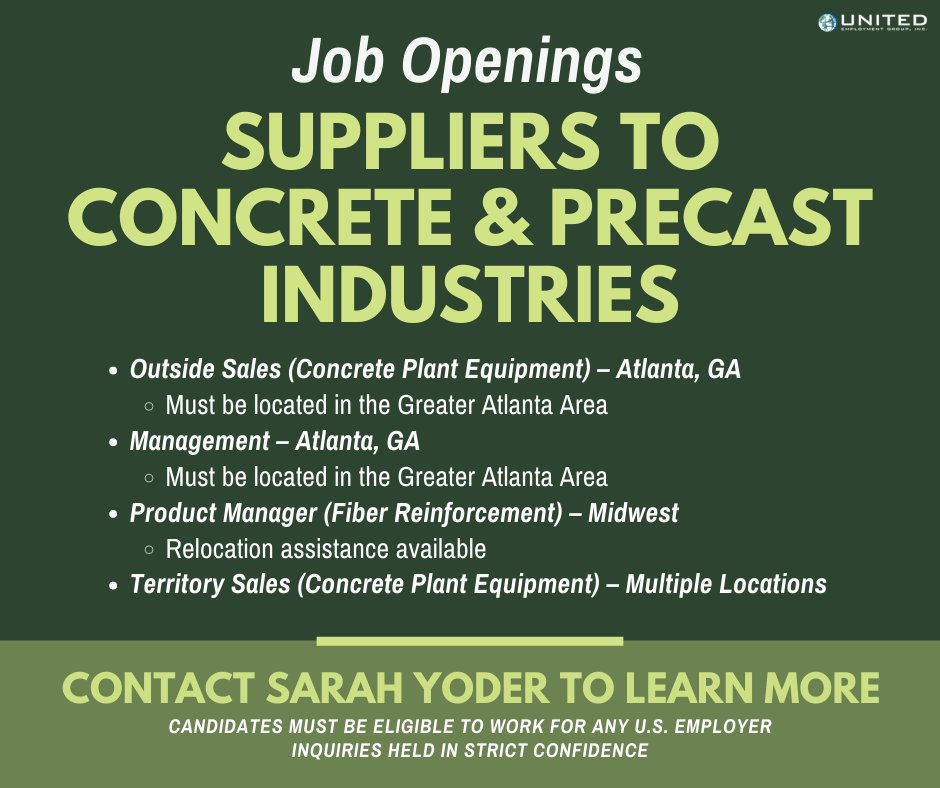 UEG_Jobs's tweet photo. Job Openings: Suppliers to Concrete &amp; Precast industries! 

CONTACT Sarah Yoder to learn more: 
SYoder@unitedemploymentgroup.com | 610-910-8820

Candidates must be eligible to work for any US employer
Inquiries held in strict confidence https://t.co/klJpqczTeh