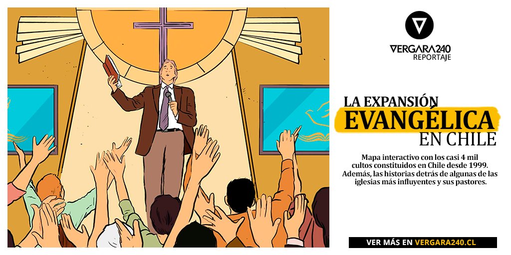 "La expansión evangélica en Chile" es una investigación de <a href="/PeriodismoUDP/">Periodismo UDP</a> y el <a href="/cip_udp/">CIP UDP</a> en la que rastreamos el ascenso del pentecostalismo en Chile. Desde la Ley de Culto (1999) se han constituido 3.819 credos, confesiones o iglesias en el país👉bit.ly/2t4b1Zx