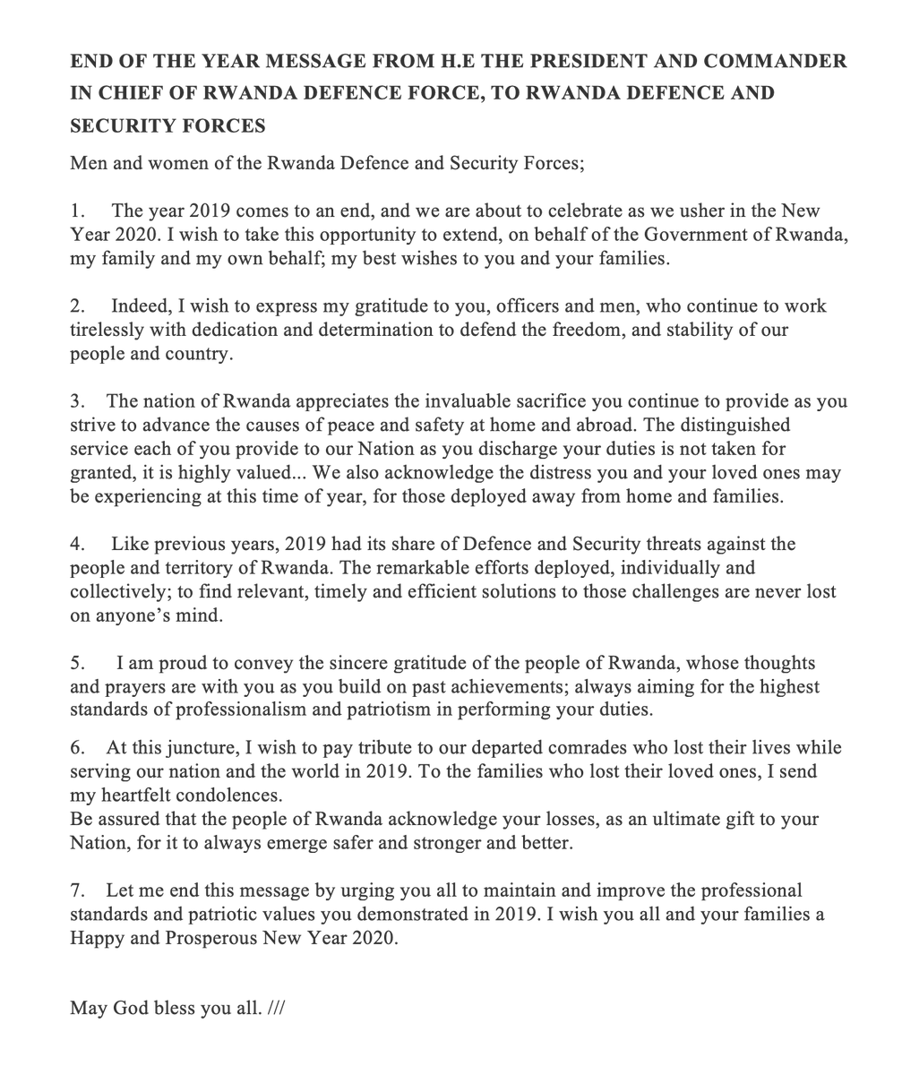 END OF THE YEAR MESSAGE FROM H.E THE PRESIDENT AND COMMANDER IN CHIEF OF RWANDA DEFENCE FORCE, TO RWANDA DEFENCE AND SECURITY FORCES
bit.ly/2Q35MCn