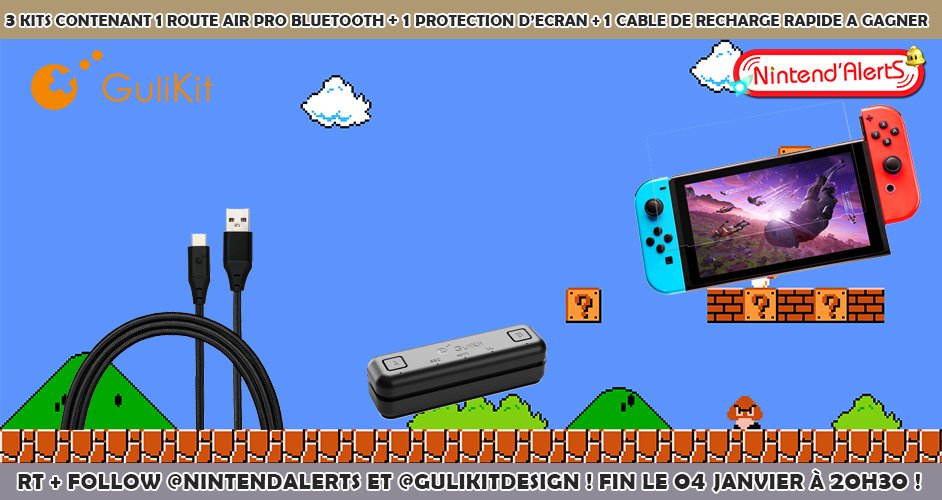 AlertEtGo's tweet photo. Concours: 3 kits contenant : 1 adaptateur audio Bluetooth + 1 câble de recharge rapide USB-C + 1 verre trempé de protection pour Nintendo Switch à gagner.
Follow @nintendalerts et @GuliKitDesign + RT ce tweet.
Fin le 04 janvier 2020.
Test adaptateur ici► https://t.co/RX3BFJOIhG https://t.co/hK2LjQNBpw