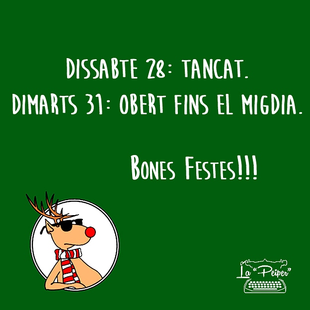 lapeiper's tweet photo. Doncs aixó... que aquest dissabte no obrim i el dia 31 ens agafarem la tarda per preparar-nos per acomiadar l'any!!! 
🤘🎄🥁🥂
#BonNadal #dissabtetancat #tornemdilluns #gaudimlesfestes #lapeiper #copisteria #poblenou #nadal #regalanadal https://t.co/3BeWCMIB5d