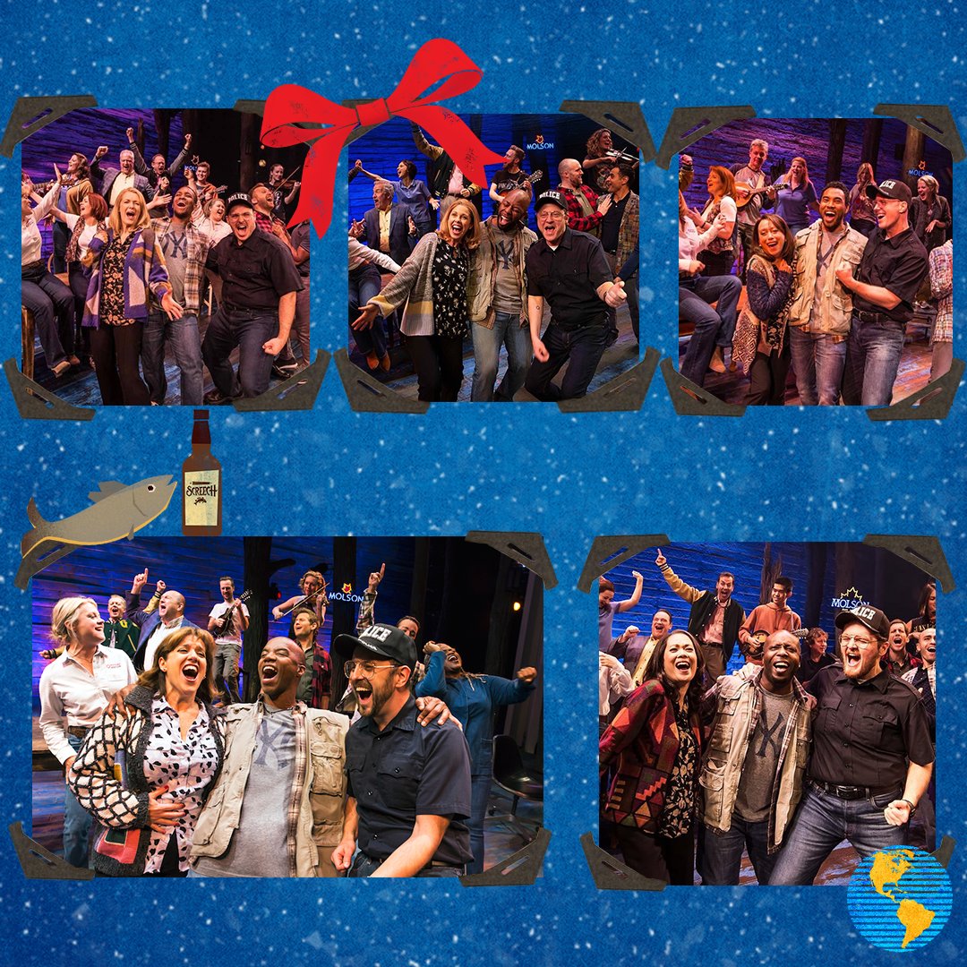 5 production photos in from of blue background with snow