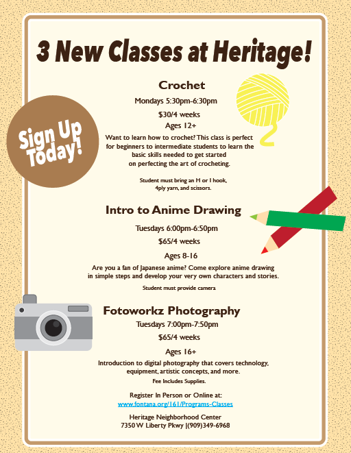 CityofFontanaCA's tweet photo. Have you ever thought about learning anime drawing, digital photography or even how to crochet? The Heritage Center is here to help you start your new year with some fun activities! Register online at https://t.co/q15miFyCxi or in person at any community center https://t.co/jmwJZfHmDy