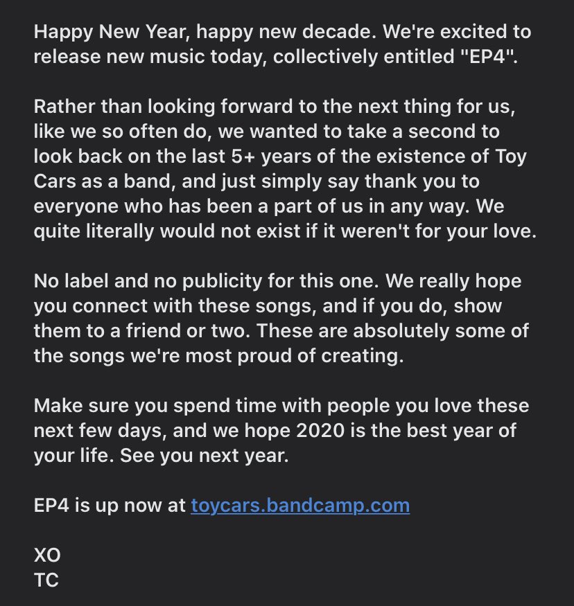 Thanks for everything, everyone. See you next decade! Enjoy new music at toycars.bandcamp.com

Xo