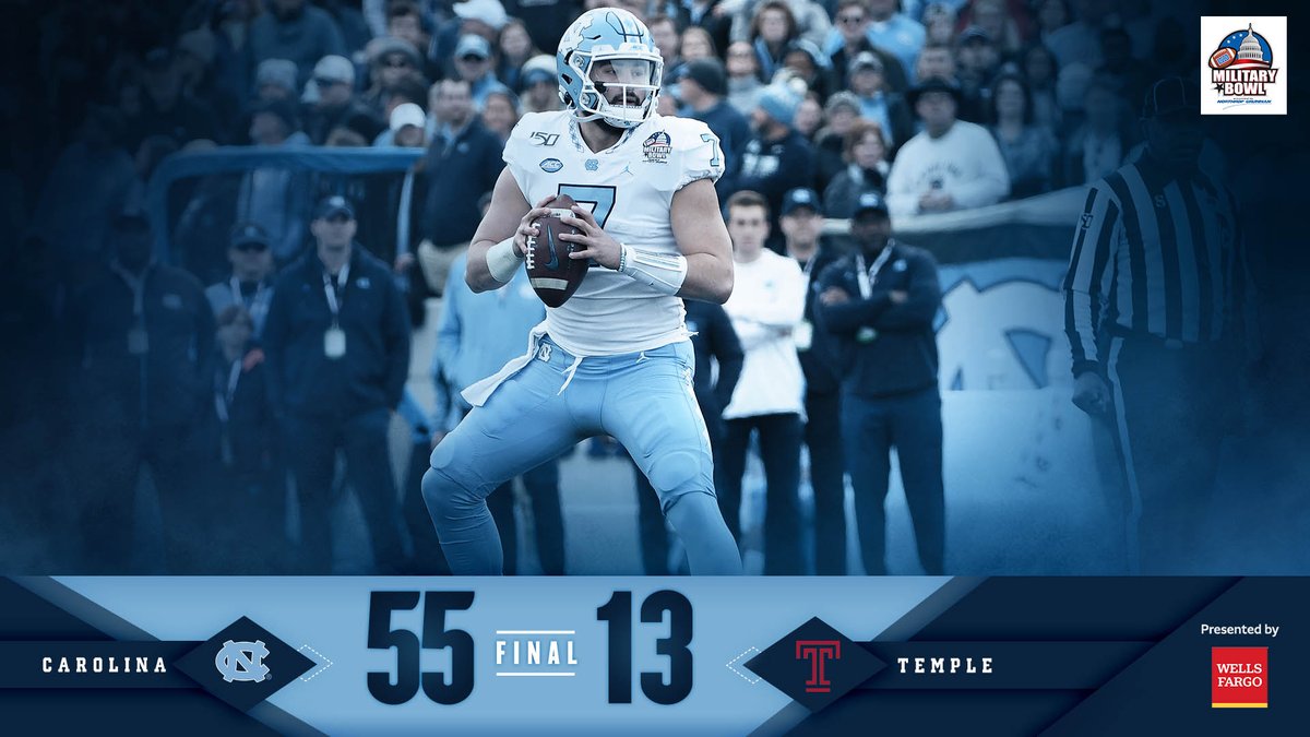UNCFootball's tweet photo. #MilitaryBowl Champions!!!

.@Sam_Howell2 is the MVP

#CarolinaFootball 🏈 #BeTheOne https://t.co/PRqt6IoYVg