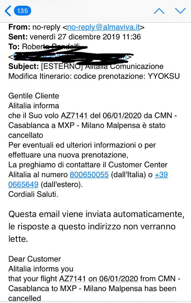 GpCIC's tweet photo. Complimenti @Alitalia per aver rotto poche ore fa accordo codesharing con @royalairmarocuk cancellando il volo di rientro di @RobyBPlus senza riproteggerla e rovinando le vacanze a due persone. #imparatealavorare #alitalia #alisòla #aiutidistatopeggiospesi https://t.co/JfROi3oxHe