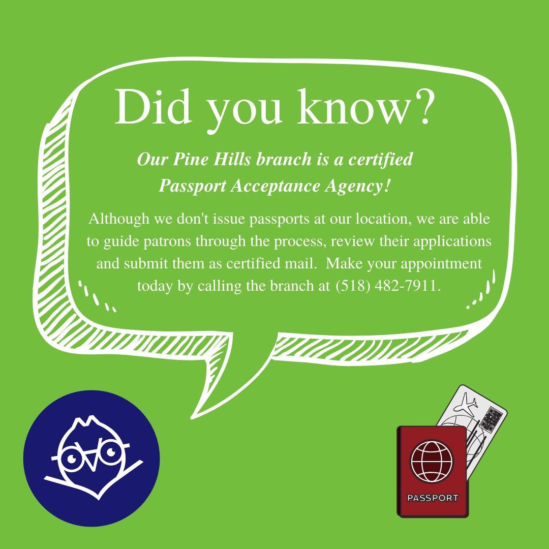 AlbanyNYLibrary's tweet photo. An APL #FunFactFriday! Did you know that our Pine Hills branch is a certified Passport Acceptance Agency? Read our post to learn more and call the branch at (518) 482-7911 to make an appointment! 🛂
.
.
#APL #AlbanyPublicLibrary #FunFact https://t.co/yBt3HD4yrR