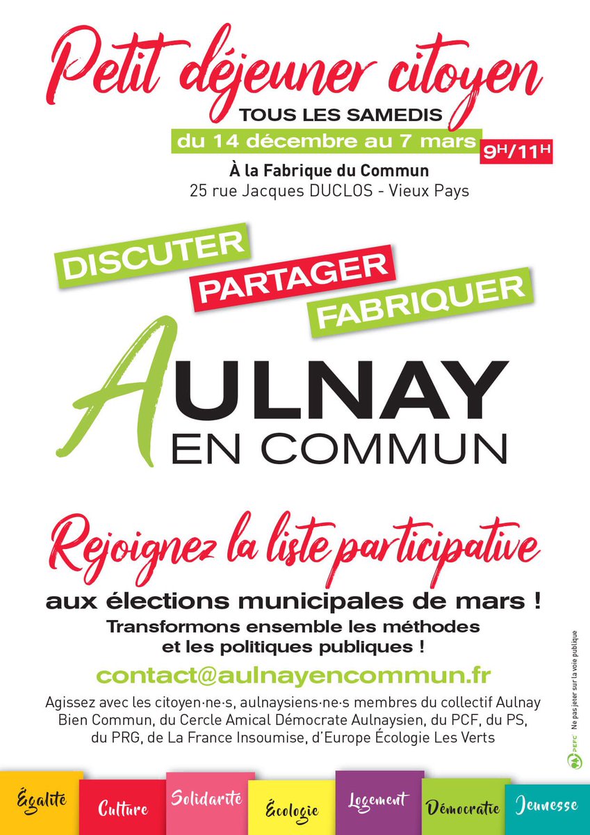 L'équipe Aulnay en commun vous donne rendez-vous demain matin, dès 09h à la Fabrique du commun. Nous pourrons ainsi discuter autour d'un petit-déjeuner de notre démarche,  réceptionner vos candidatures, répondre à vos questions.... Bref parler d'Aulnay  entre Aulnaysiens .
