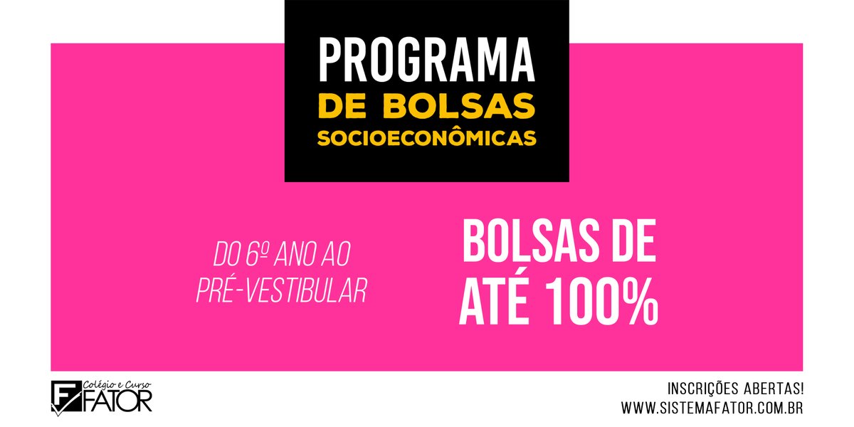 sistemafator's tweet photo. ✨[BOLSA DE ESTUDOS NO FATOR]✨

Abrimos as inscrições para o Programa de Bolsas Socioeconômicas. As bolsas chegam a 100%. 🙏
Link: https://t.co/oRyZnYxs5O (tem algumas dúvidas respondidas aqui) 😉

#programadebolsas #bolsadeestudo #desconto #prevestibular #ensinomedio https://t.co/E5U1Jx5P5R