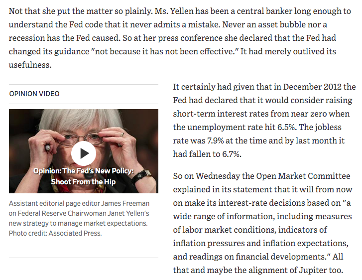 March 2014"The Fed's new non-guidance guidance is so vague that Ms. Yellen and her comrades now have the leeway to do whatever they want whenever they want for whatever reason they want."