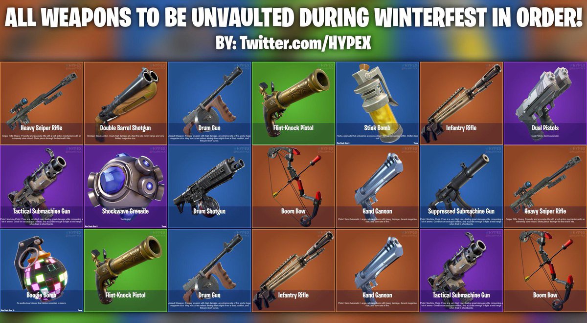 FortnitePatch's tweet image. „All Winterfest weapons to be unvaulted“

#Fortnite #Fortniteleaks