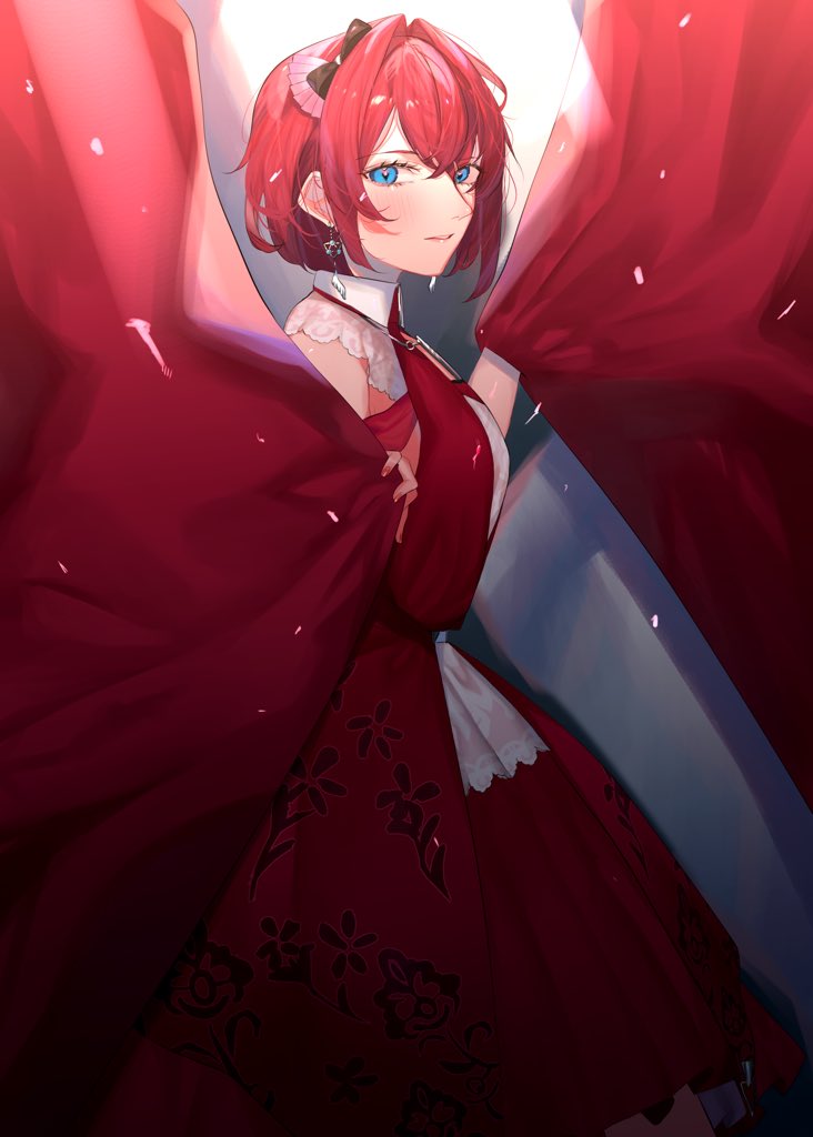ange katrina 1girl solo dress blue eyes red hair red dress curtain grab  illustration images