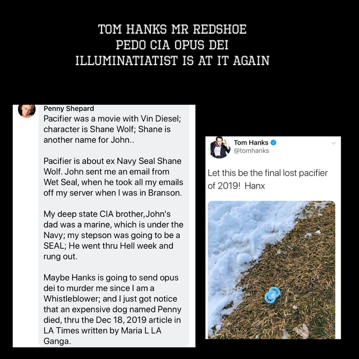 shepardout's tweet photo. Tom Hanks:
👉outted by Issac Kappy (dead) & 👉Fiona Barnett- Eyes Wide Open
👉plays #pedo #MrRogers
👉knows my evil brother John, the actual #BlackPope
👉Is Opus Dei leader
#DaVinchiCode; #OpusDei, #CIA, #Pedo #RedShoe #ClubofRome #assassinator #IssacKappy @realDonaldTrump https://t.co/ZQzb5ikjzK