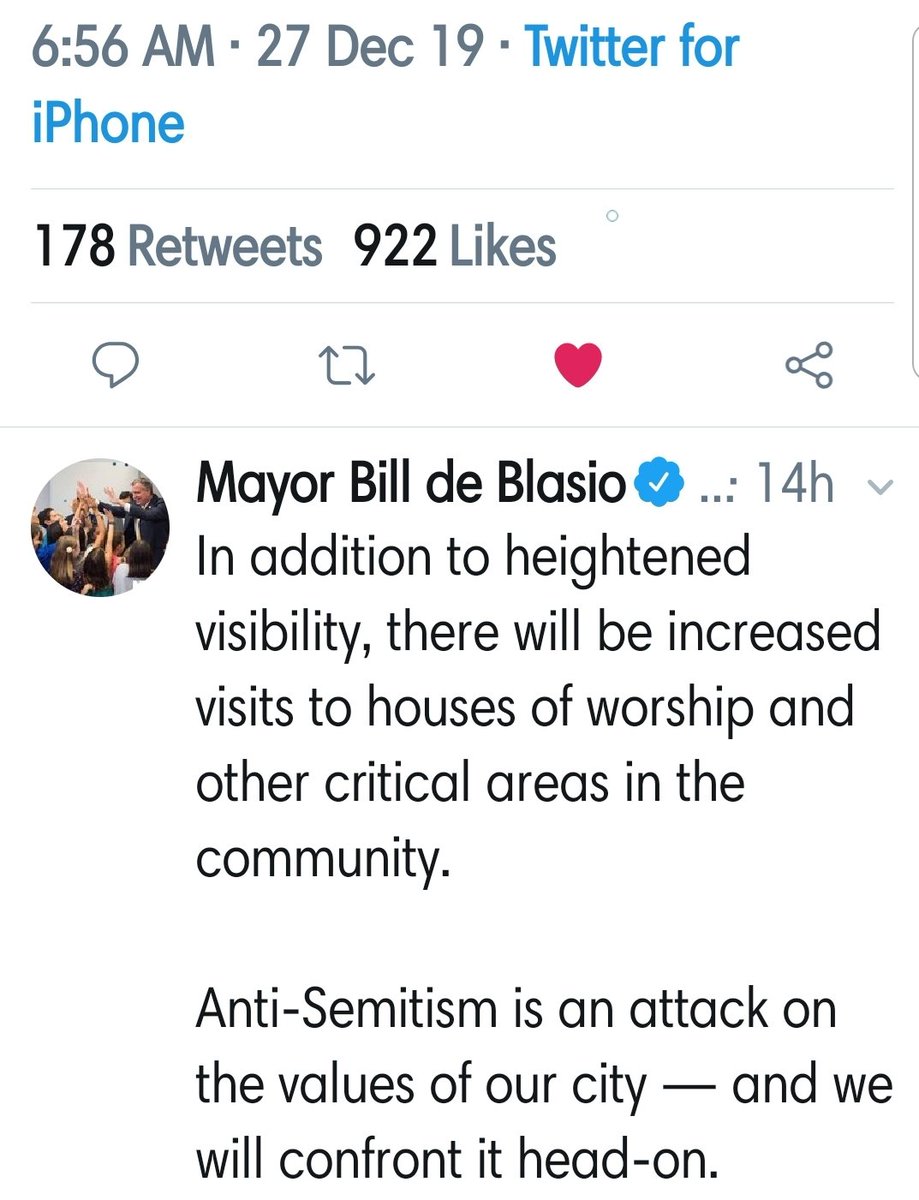Alicia_C_'s tweet image. Our Mayor is crystal clear: "Hate doesn’t have a home in our city." Recent #antiSemiticattacks have #NYPD on alert. There's increased police presence in parts of Brooklyn. The Mayor added ANYONE who terrorizes our #Jewish communities WILL face justice.
*I am proud to see this!