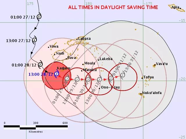 Metservice Fiji Tc Sarai Cat 2 Was Located About 70km Southwest Of Kadavu Or About 160km Southwest Of Suva At 1pm Today Close To Its Centre The Cyclone Is Expected To