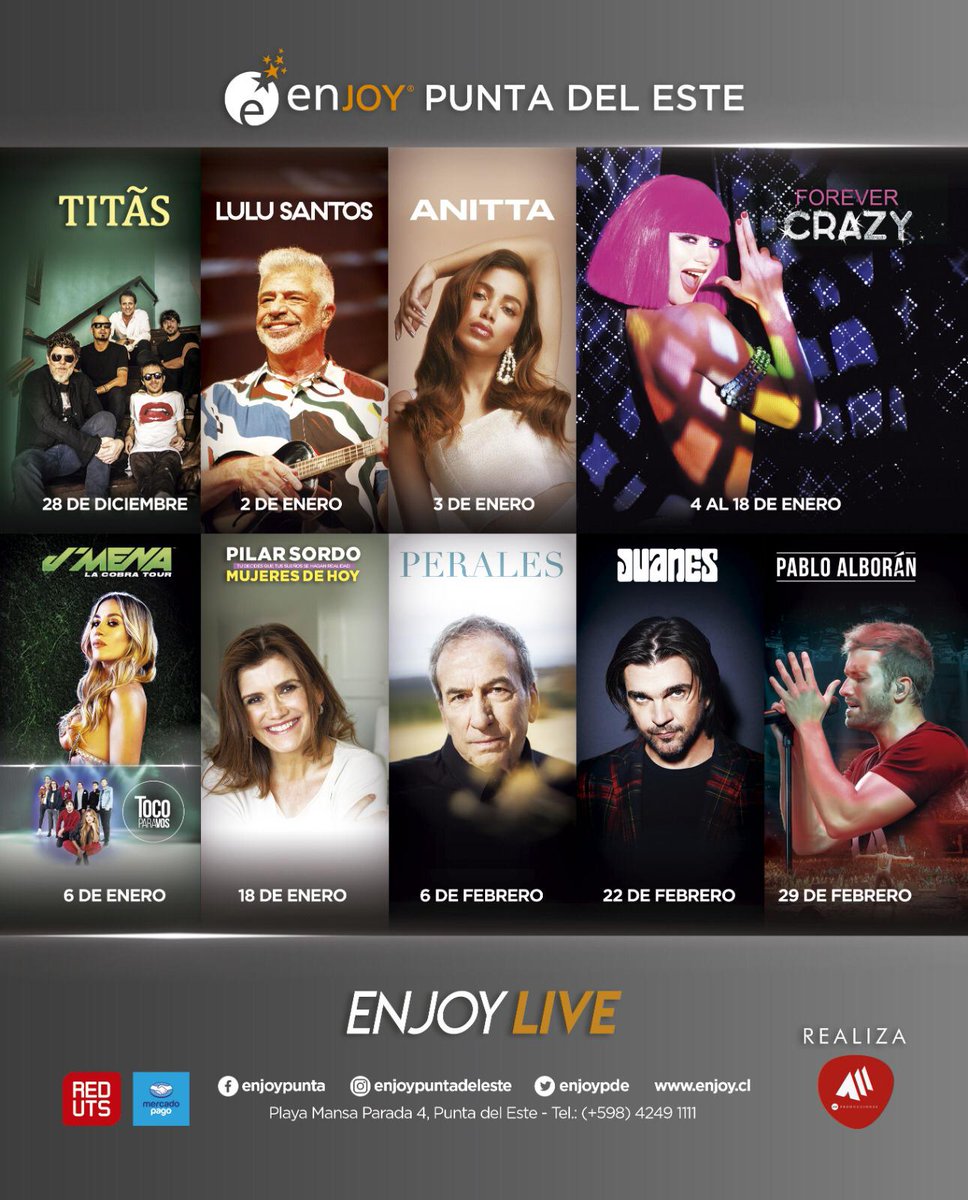 jimecarrau's tweet photo. Grandes shows en @EnjoyPde, mañana Titãs en el Salón Punta del Este. Toda la cobertura de @Estebangarcia3 para #GenteDeVerano #Verano2020 #Punta2020 #FMGente 107.1 https://t.co/hqotYrxWXP