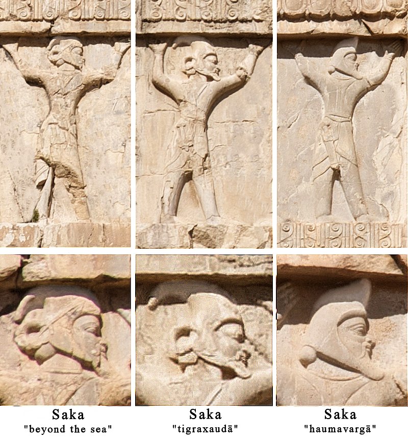 For the Achaemenids, there were three types of Sakas: the Sakā tayai paradraya ("beyond the sea", presumably between the Greeks and the Thracians on the Western side of the Black Sea), the Sakā tigraxaudā (“with pointed caps”) the Sakā haumavargā ("Hauma drinkers", furthest East)