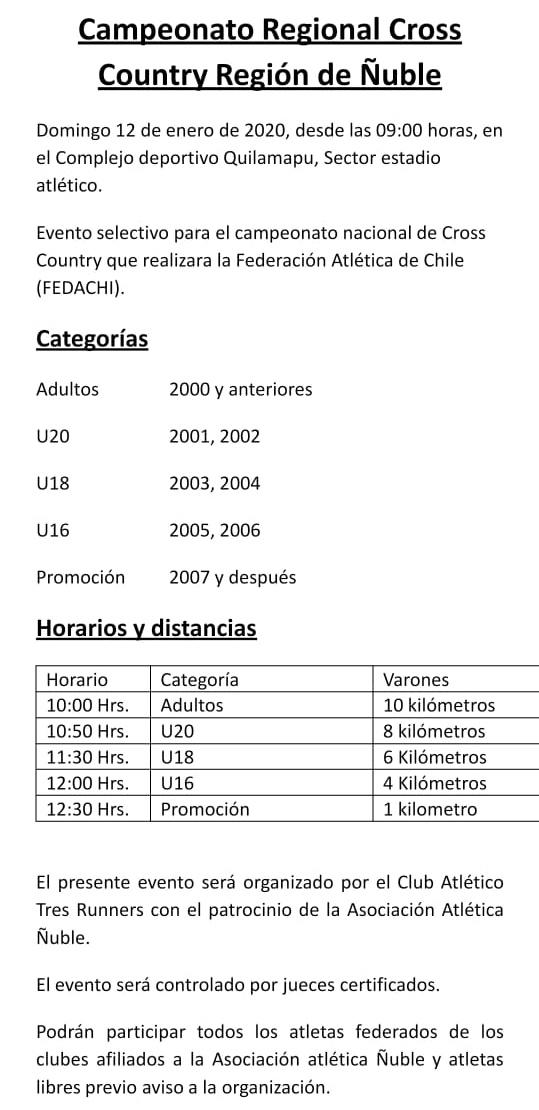 3RunnersChillan's tweet photo. El domingo 12 de enero de 2020 será el regional de Cross Country en Quilamapu, Chillán. Será el clasificatorio para el nacional de esta disciplina.
Distancias a participar según categorías mencionadas en imagen.
¡Participa! https://t.co/D873jDz4tW